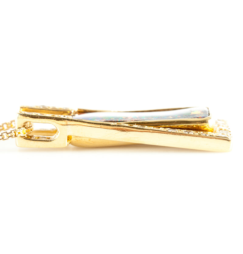 18k Yellow Gold Rectangle Lightning Ridge Black Opal & Diamond Necklace 24.63ctw