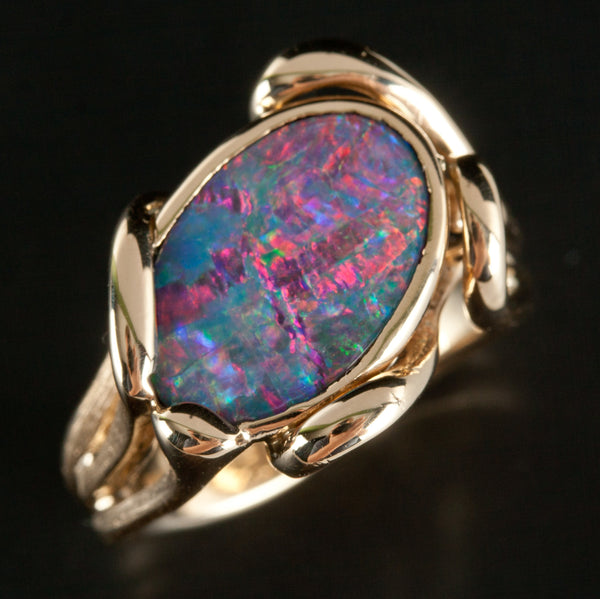 Oval Cabochon Lightning Ridge Black Opal Solitaire Ring, 14k Yellow Gold, 3.85ct