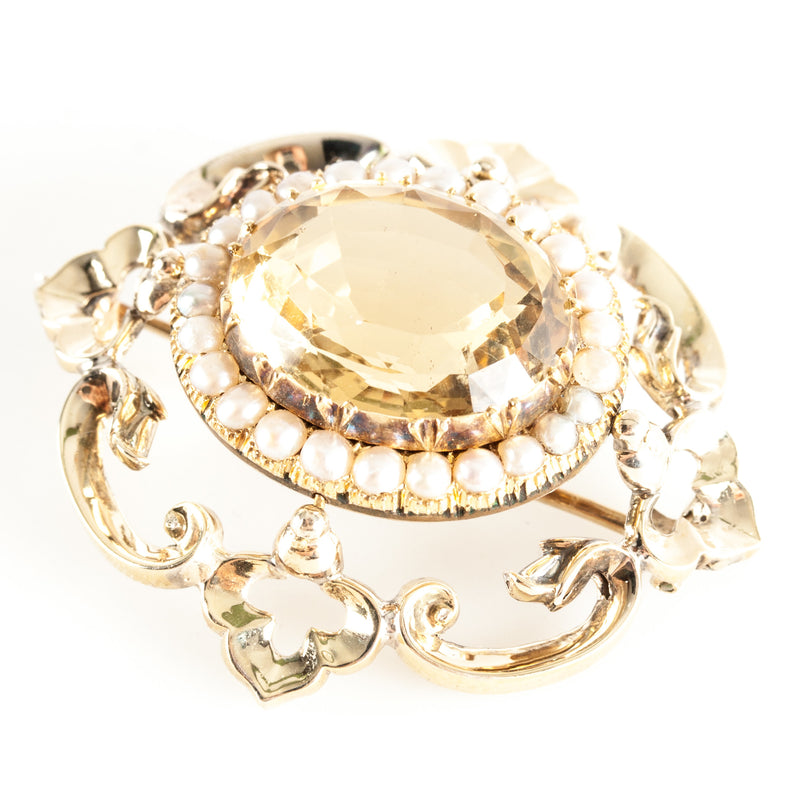 Vintage 1920's 14k Yellow Gold Oval Citrine & Pearl Brooch 13.2ctw 13.17g