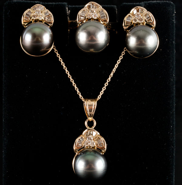 14k Yellow Gold Tahitian Pearl & Diamond Ring Necklace Earring Set .972ctw 20.8g
