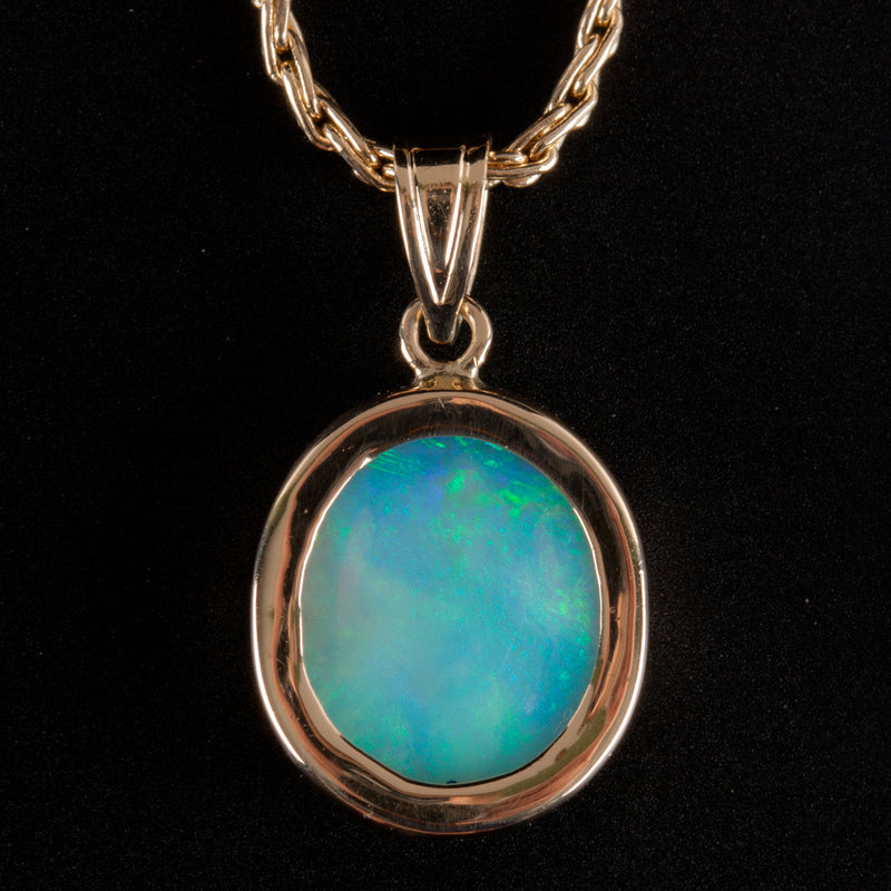 14k Yellow Gold Oval Cabochon Opal Solitaire Pendant W/ 24" Chain 2.70ct 6.93g