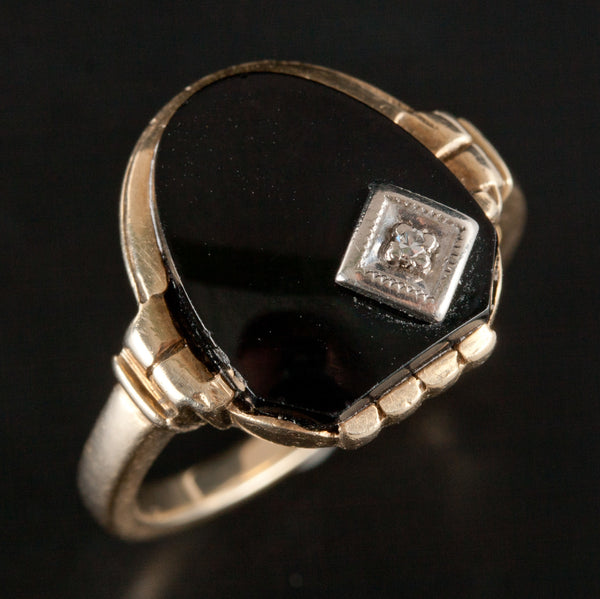 Vintage 1920's 10k Yellow Gold Onyx & Diamond Cocktail Ring .01ct 3.69g