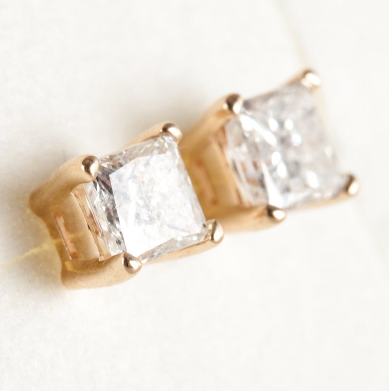 14k Yellow Gold Princess Diamond Solitaire Earrings W/ La Pousette Backs .90ctw