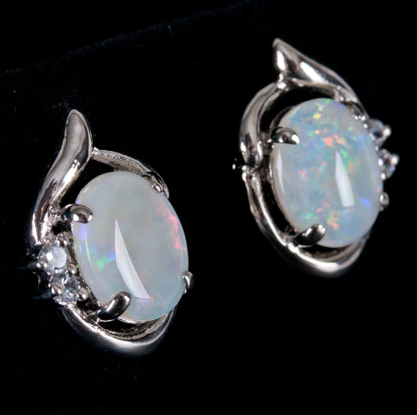 14k White Gold Oval Opal & Diamond Stud Earrings W/ Butterfly Backs 3.20ctw