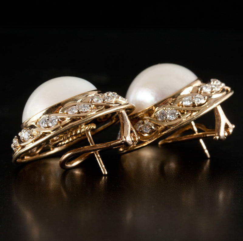 14k Yellow Gold Mabe' Pearl & Diamond Pierced Huggie Earrings 1.92ctw 23.64g
