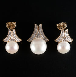 10k Yellow Gold Button Cultured Pearl & Diamond Pendant Earring Set .14ctw 6.65g