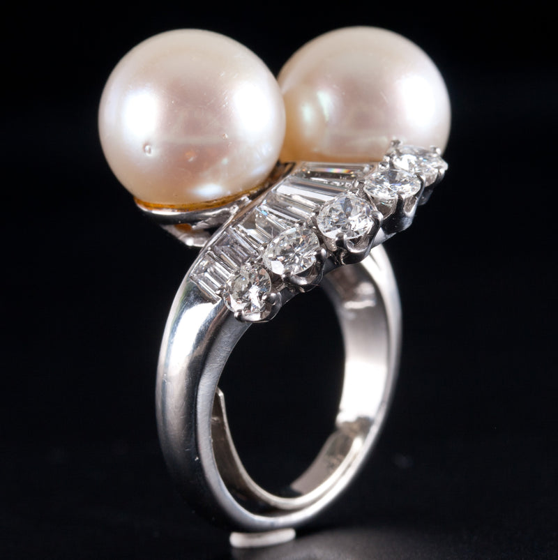 Vintage 1940s Platinum G VS2 Diamond Pearl Cocktail Ring Earring Set 2.60ctw 18g