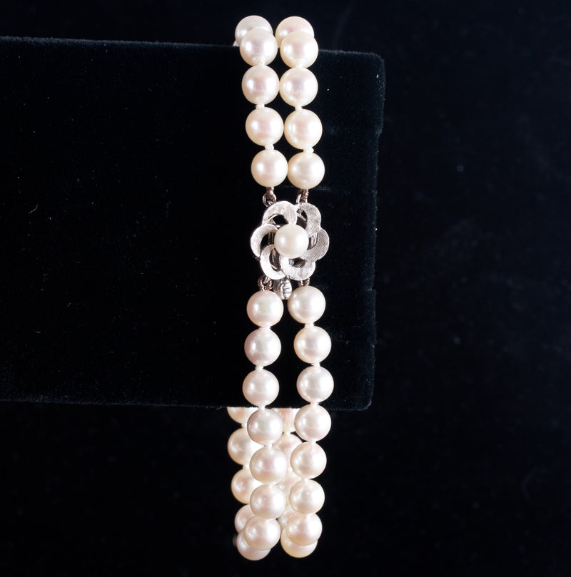 Vintage 1970's 14k White Gold Cultured Pearl Duel Strand Bracelet 7.5" Length