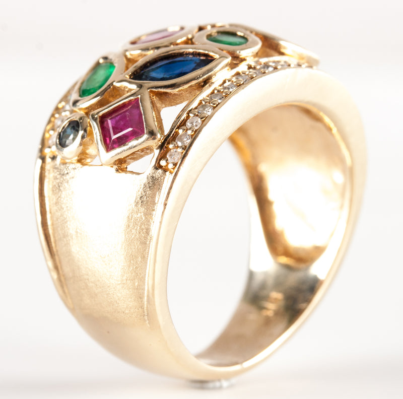 14k Yellow Gold Multi-Shape Emerald Sapphire Ruby Diamond Cocktail Ring 2.43ctw
