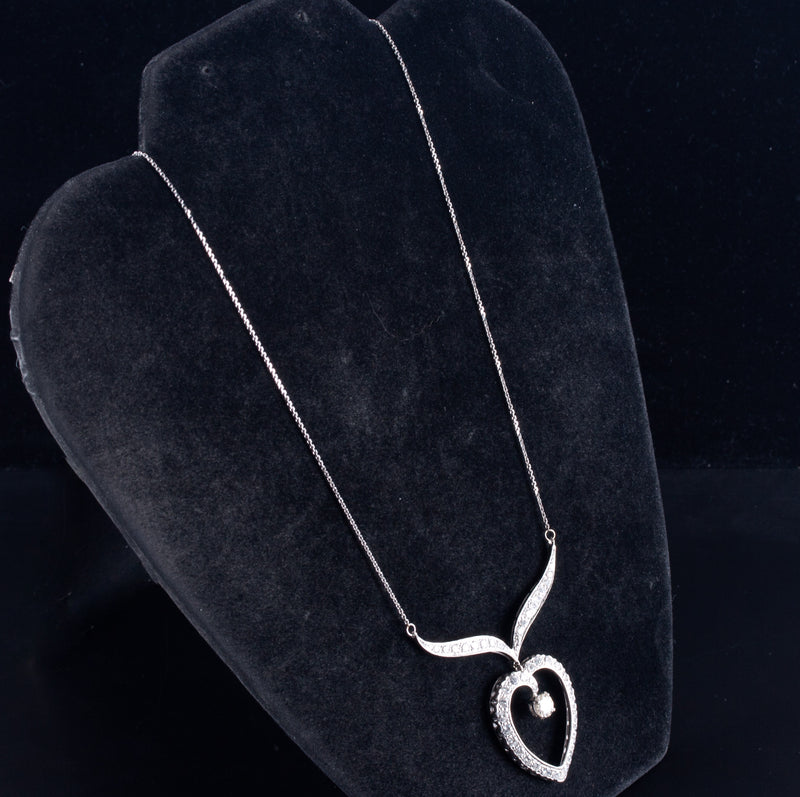 Vintage 1960's 14k White Gold I SI2 Diamond Heart Necklace W/ 20" Chain 2.35ctw