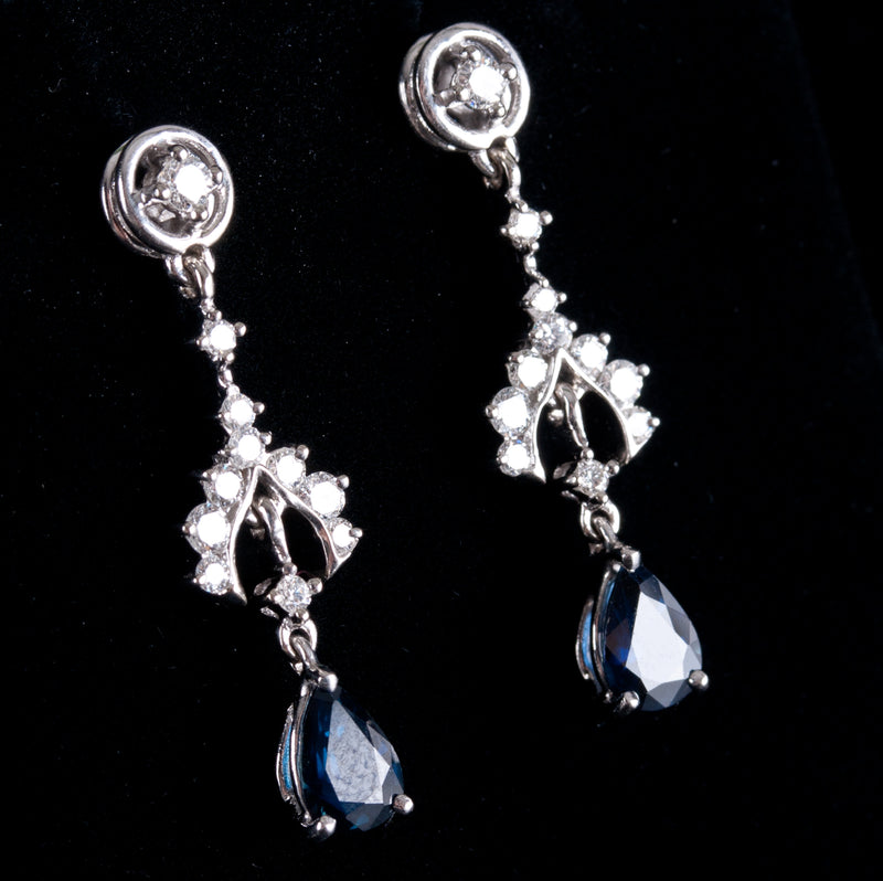 14k White Gold Pear Dark Blue Sapphire Diamond Dangle Earrings 2.46ctw 4.65g