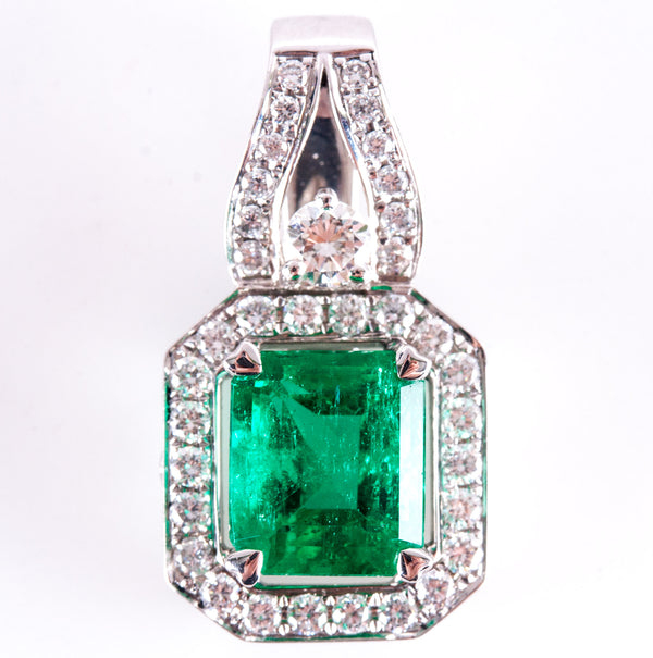 18k White Gold AA Emerald & G VS2 Diamond Halo Style Pendant 2.13ctw 3.44g