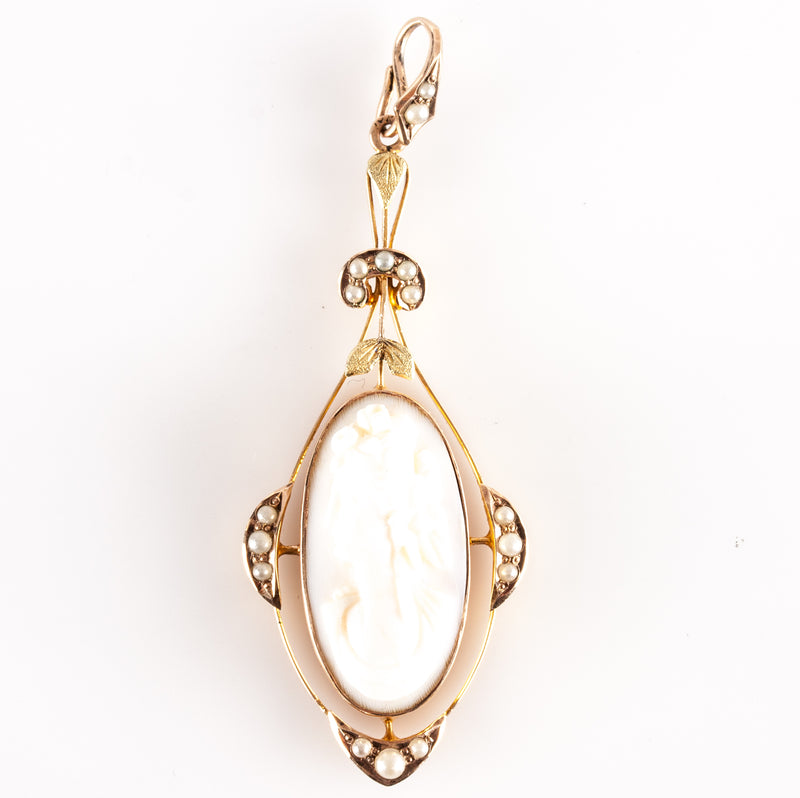 Vintage 1880's 10k Yellow Green Gold Shell Pearl Cameo Pendant 4.12g