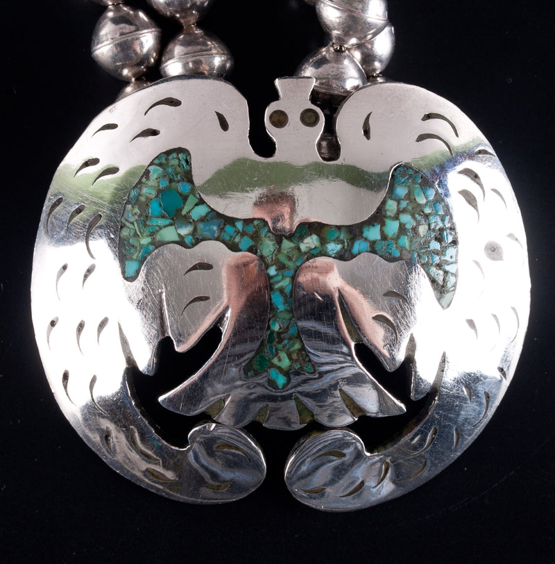 Vintage 1960's Sterling Silver Navajo Inlay Turquoise Peyote Bird Naja Necklace