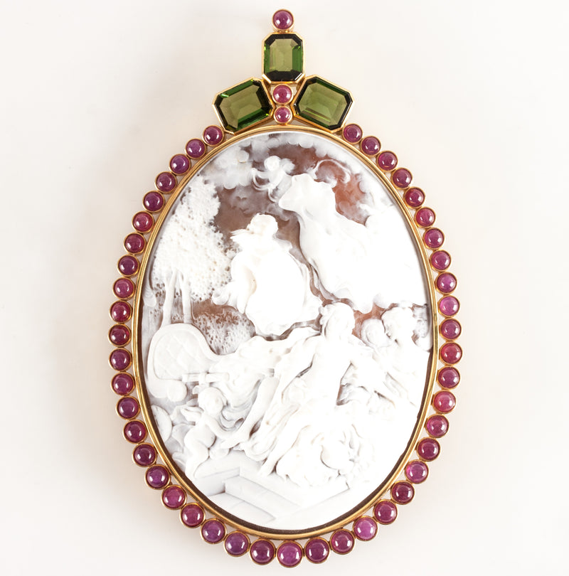 Vintage 14k Yellow Gold Shell Ruby Tourmaline Cameo Brooch Pendant Combo 26.4ctw
