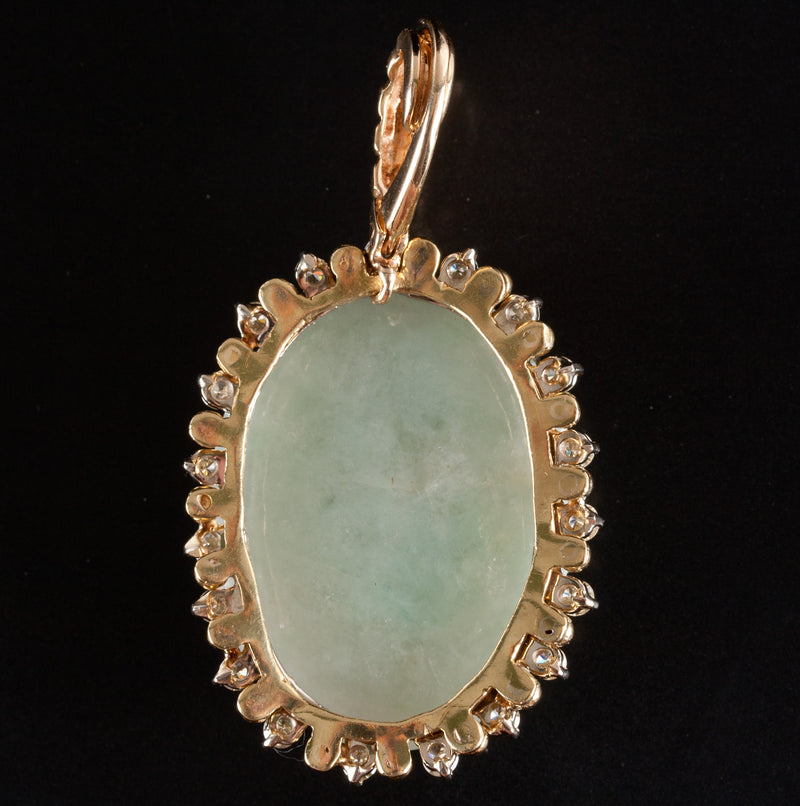 14k Yellow Gold Carved Oval Jade Halo Pendant W/ Diamond Accents 1.14ctw 22.67g