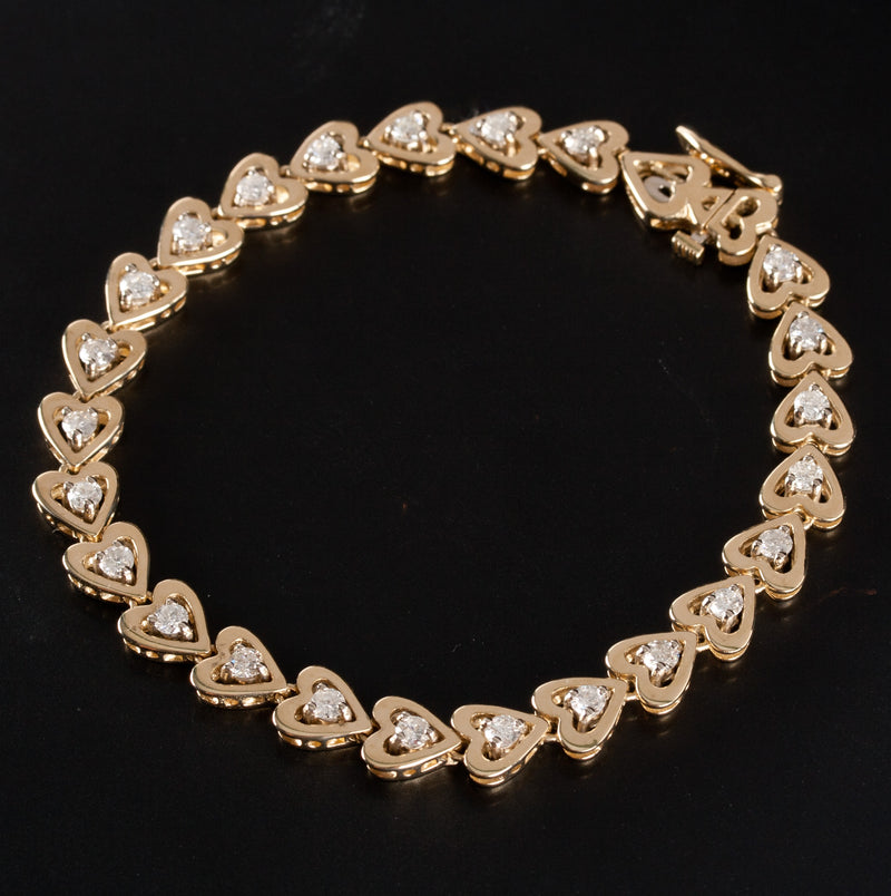 14k Yellow Gold Round Diamond Heart Style Tennis Bracelet 1.80ctw 16.89g 7.5"