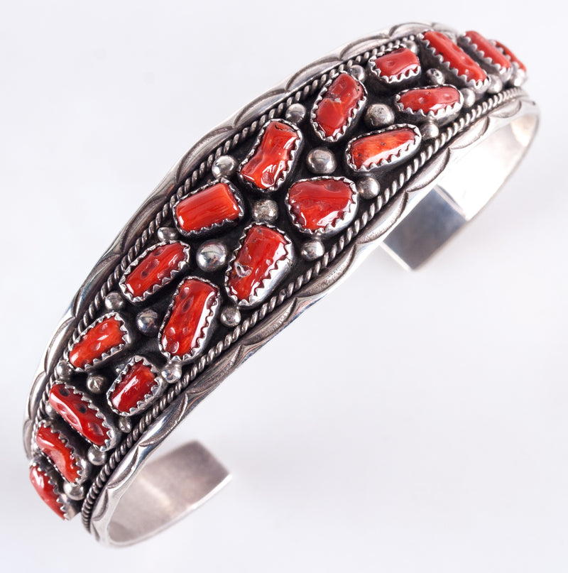 Vintage 1970's Sterling Silver Navajo Cabochon Natural Coral Cuff Bracelet 26.2g