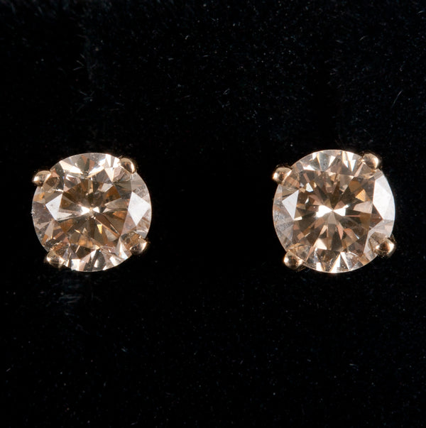 14k Yellow Gold Round Top Light Brown Diamond Solitaire Stud Earrings .50ctw