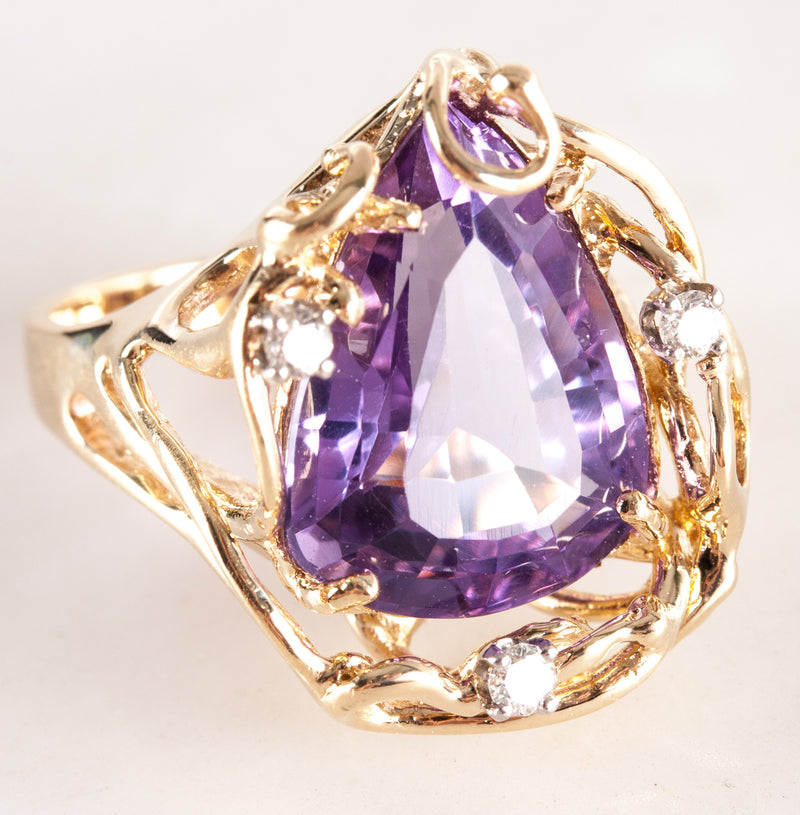 14k Yellow Gold Pear Amethyst Round Diamond Cocktail Ring 5.59ctw 6.2g