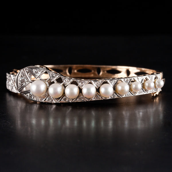 Vintage 1940's 14k Yellow White Gold Pearl Diamond Hinged Bangle Bracelet .38ctw