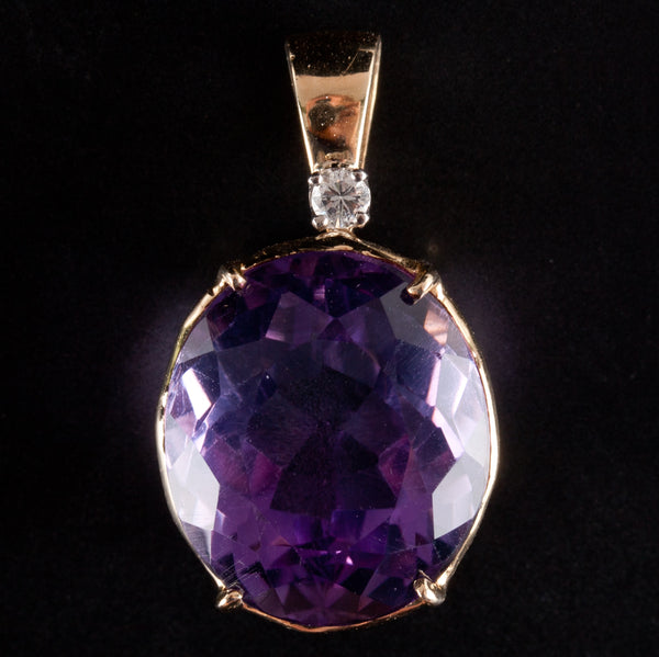 14k Yellow Gold Oval Amethyst Solitaire Pendant W/ Diamond Accent 12.79ctw 4.85g