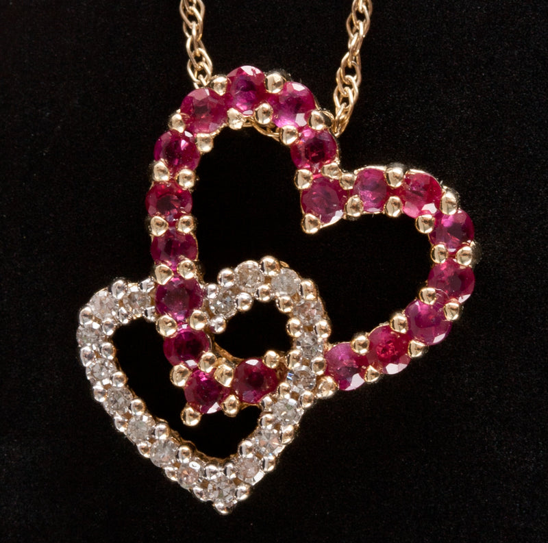 14k Yellow Gold Round Ruby Diamond Double Heart Necklace W/ 16" Chain .94ctw 3g