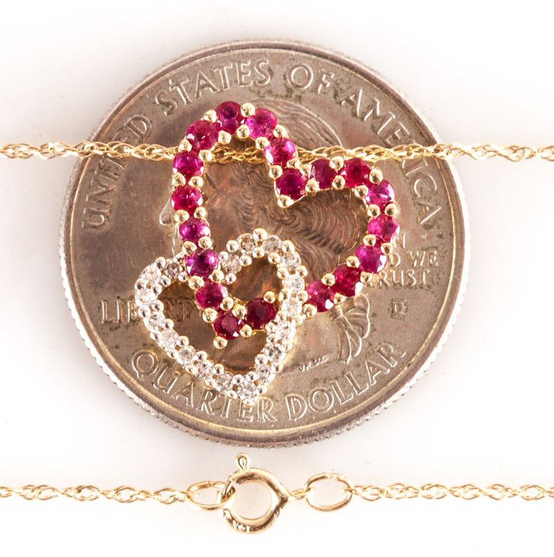 14k Yellow Gold Round Ruby Diamond Double Heart Necklace W/ 16" Chain .94ctw 3g