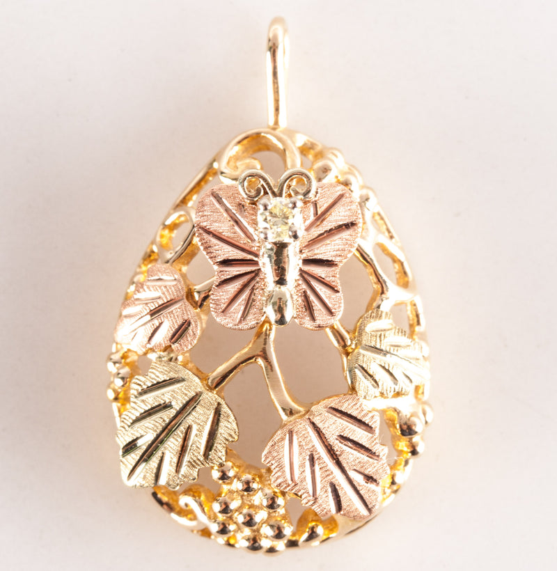 14k Black Hills Gold Tri-Color Round Diamond Floral Butterfly Pendant .03ct 2.8g