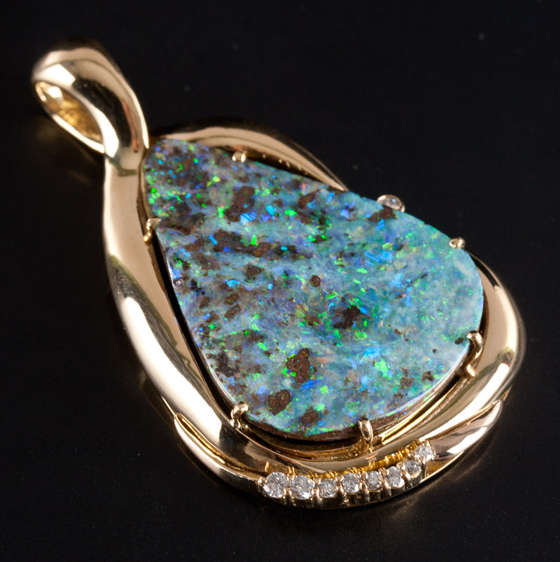 18k Yellow Gold Pear Opal Solitaire Pendant W/ Diamond Accents .135ctw 13.25g
