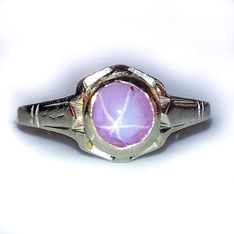 Vintage 1930's 14k White Gold Round Cabochon Pink Star Sapphire Ring .80ct 3.05g