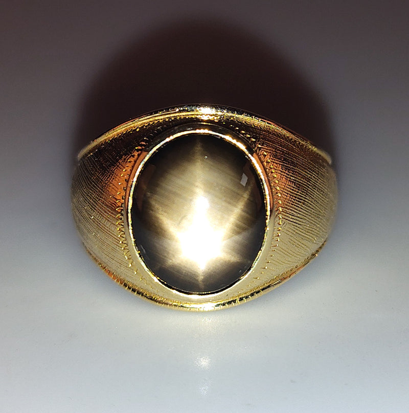 13k Yellow Gold Oval Cabochon AA Black Star Sapphire Ring 6.0ct 12.08g