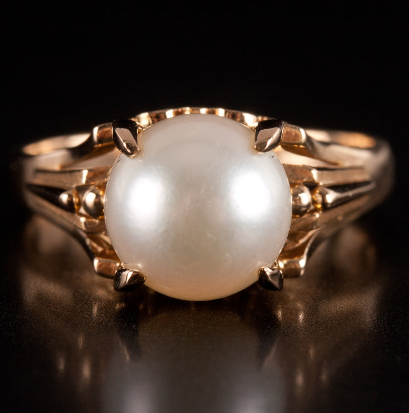 18k Yellow Gold Cultured Round Bead AA White Pearl Solitaire Ring 4.62g
