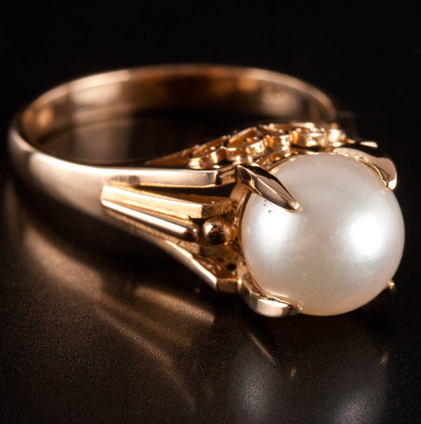 18k Yellow Gold Cultured Round Bead AA White Pearl Solitaire Ring 4.62g