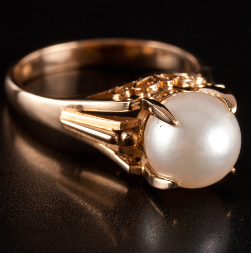 18k Yellow Gold Cultured Round Bead AA White Pearl Solitaire Ring 4.62g