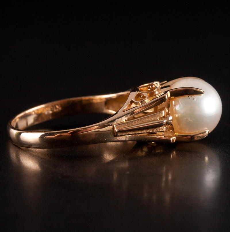 18k Yellow Gold Cultured Round Bead AA White Pearl Solitaire Ring 4.62g