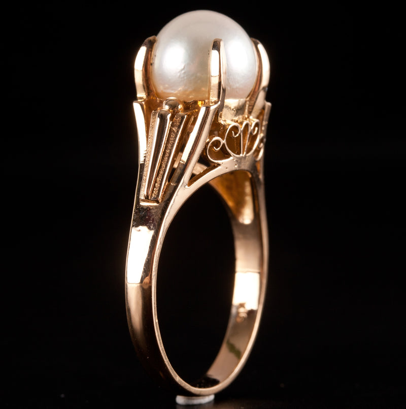 18k Yellow Gold Cultured Round Bead AA White Pearl Solitaire Ring 4.62g