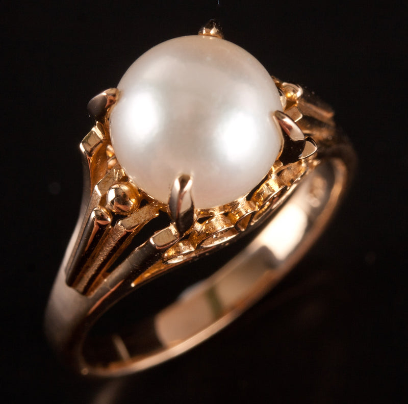 18k Yellow Gold Cultured Round Bead AA White Pearl Solitaire Ring 4.62g