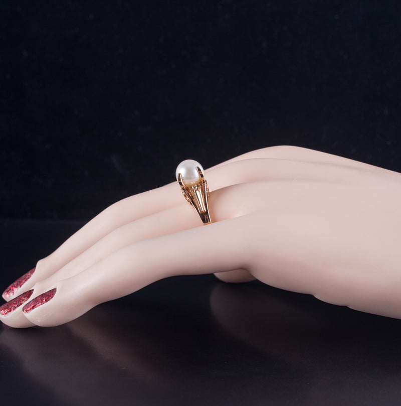 18k Yellow Gold Cultured Round Bead AA White Pearl Solitaire Ring 4.62g