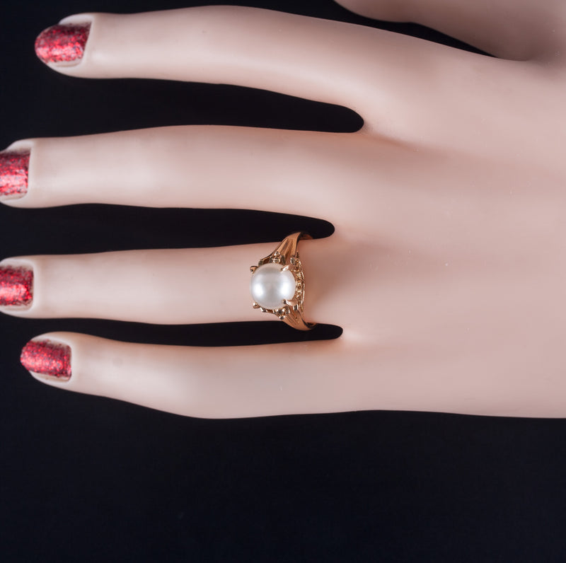 18k Yellow Gold Cultured Round Bead AA White Pearl Solitaire Ring 4.62g
