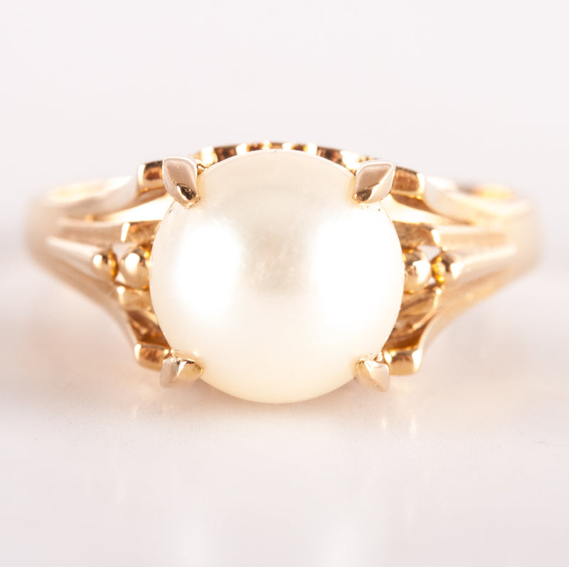 18k Yellow Gold Cultured Round Bead AA White Pearl Solitaire Ring 4.62g