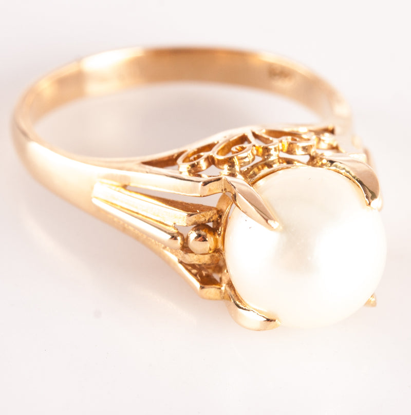 18k Yellow Gold Cultured Round Bead AA White Pearl Solitaire Ring 4.62g