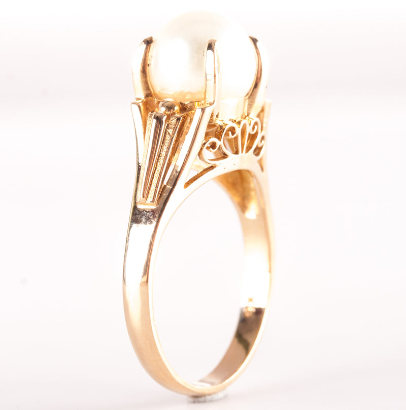 18k Yellow Gold Cultured Round Bead AA White Pearl Solitaire Ring 4.62g