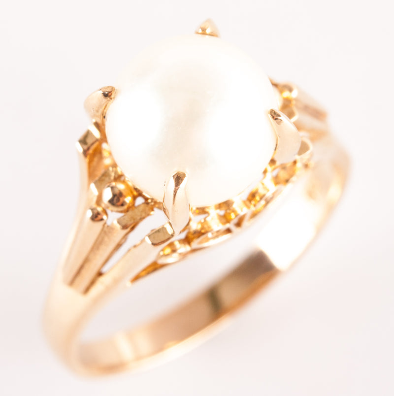18k Yellow Gold Cultured Round Bead AA White Pearl Solitaire Ring 4.62g