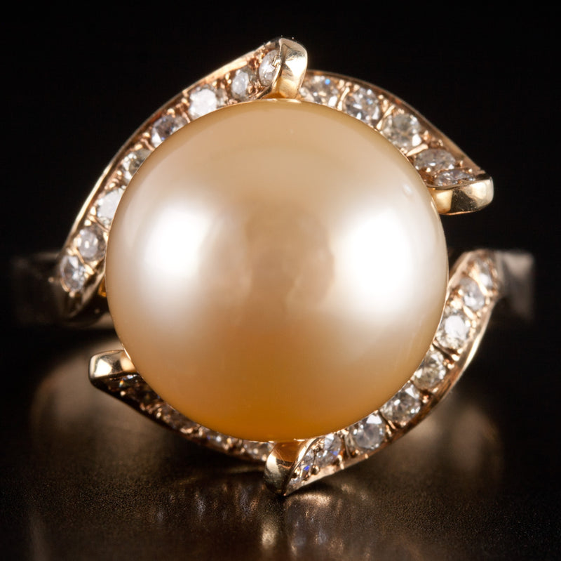 14k Yellow Gold Cultured Pearl Solitaire Ring W/ Diamond Accents .30ctw 9.15g