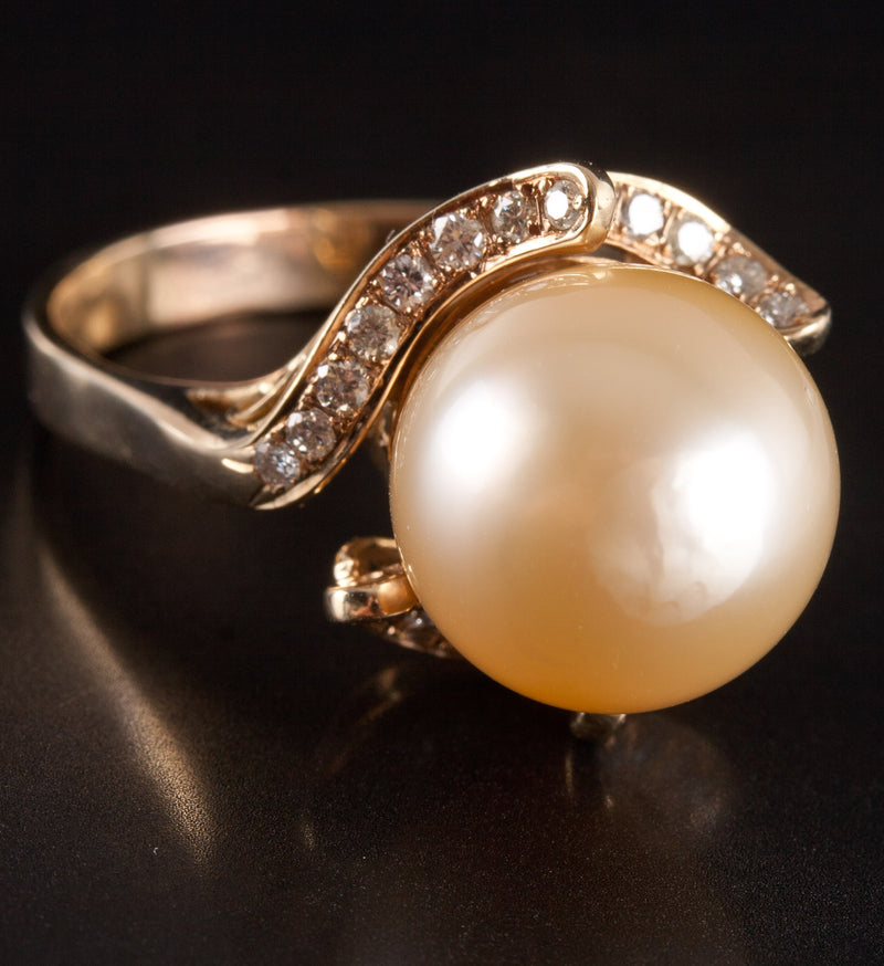14k Yellow Gold Cultured Pearl Solitaire Ring W/ Diamond Accents .30ctw 9.15g