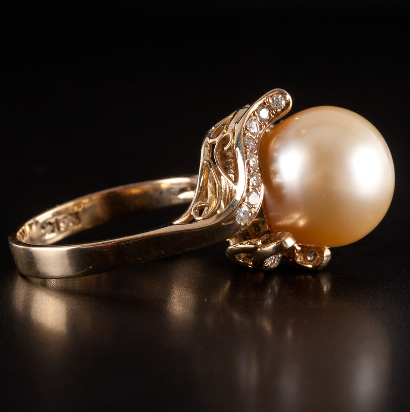 14k Yellow Gold Cultured Pearl Solitaire Ring W/ Diamond Accents .30ctw 9.15g
