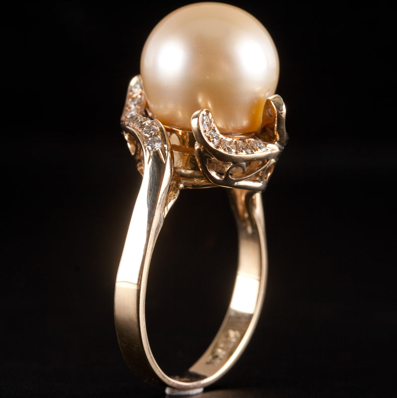 14k Yellow Gold Cultured Pearl Solitaire Ring W/ Diamond Accents .30ctw 9.15g