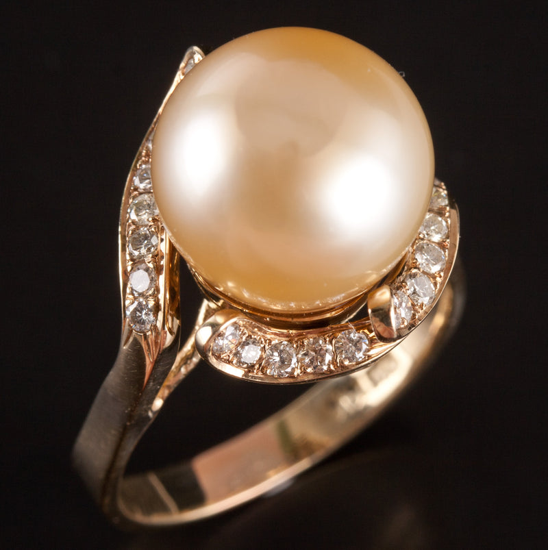 14k Yellow Gold Cultured Pearl Solitaire Ring W/ Diamond Accents .30ctw 9.15g