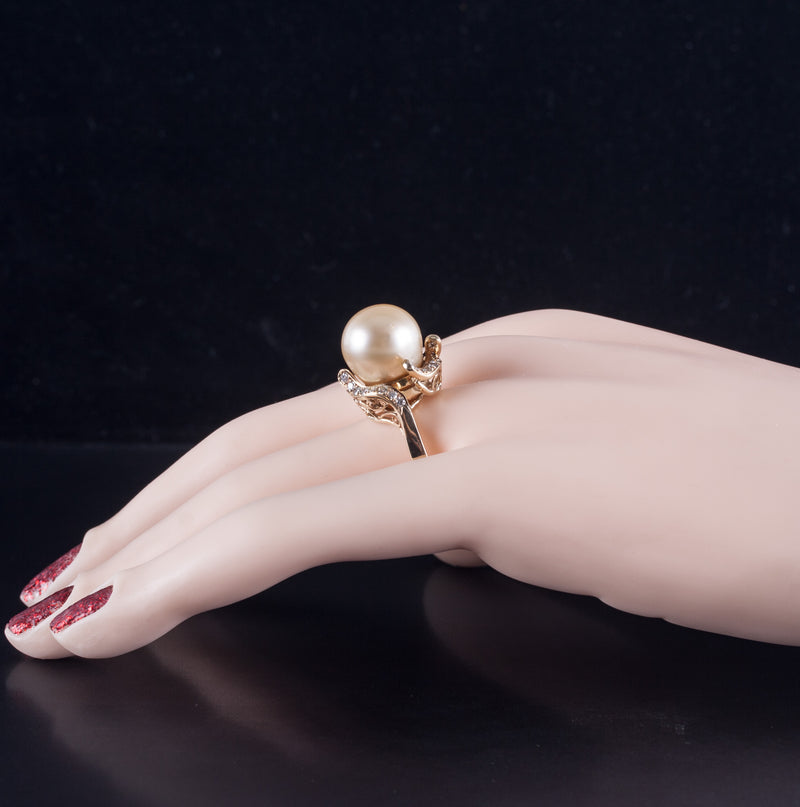 14k Yellow Gold Cultured Pearl Solitaire Ring W/ Diamond Accents .30ctw 9.15g